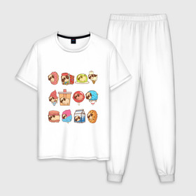 Мужская пижама хлопок с принтом Мопсы в Тюмени, 100% хлопок | брюки и футболка прямого кроя, без карманов, на брюках мягкая резинка на поясе и по низу штанин
 | Тематика изображения на принте: cockie | fastfood | junkfood | pug | еда | мороженое | печенье | печеньки | пироженое | собака | фастфуд