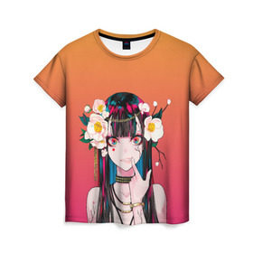 Женская футболка 3D с принтом Девушка - сакура в Тюмени, 100% полиэфир ( синтетическое хлопкоподобное полотно) | прямой крой, круглый вырез горловины, длина до линии бедер | anime | аниме | анимешница | девушка | иллюстрация | милая | мультик | сакура | тян | тянка | цветы
