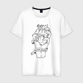 Мужская футболка хлопок с принтом Cold Hands Warm Heart в Тюмени, 100% хлопок | прямой крой, круглый вырез горловины, длина до линии бедер, слегка спущенное плечо. | анатомия | горячее сердце | рука | тату | холодные руки