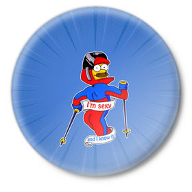 Значок с принтом Нед Фландерс Симпсоны в Тюмени,  металл | круглая форма, металлическая застежка в виде булавки | simpsons | зима | лыжник | недфландерс | симпсоны | спорт | фландерс