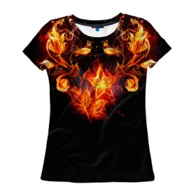 Женская футболка 3D с принтом Огненные цветы в темноте в Тюмени, 100% полиэфир ( синтетическое хлопкоподобное полотно) | прямой крой, круглый вырез горловины, длина до линии бедер | abstraction | fire | flower | sparks | абстракция | броня | в огне | геометрия | золотой | искры | модная | ночь | огонь | пламя | прикольная | стильная | тату | темнота | цветок | цветы | черная