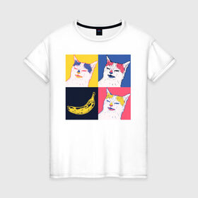 Женская футболка хлопок с принтом BanaNO в Тюмени, 100% хлопок | прямой крой, круглый вырез горловины, длина до линии бедер, слегка спущенное плечо | Тематика изображения на принте: cat | абстракция | банан | бананы | кот | котики | прикол | прикольная | хлопок