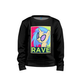 Детский свитшот хлопок с принтом DJ Pon-3 RAVE в Тюмени, 100% хлопок | круглый вырез горловины, эластичные манжеты, пояс и воротник | dj pon 3 | mlp | my little pony | pony | rave | vinyl scratch | винил скрэтч | млп | мой маленький пони | пони | рейв