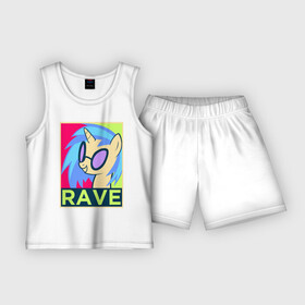 Детская пижама с шортами хлопок с принтом DJ Pon 3 RAVE в Тюмени,  |  | Тематика изображения на принте: dj pon 3 | mlp | my little pony | pony | rave | vinyl scratch | винил скрэтч | млп | мой маленький пони | пони | рейв
