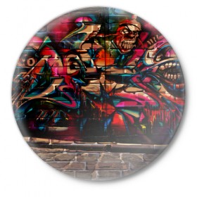 Значок с принтом disquared urban graffity в Тюмени,  металл | круглая форма, металлическая застежка в виде булавки | Тематика изображения на принте: grafity | paint | street art | urban | город | граффити | искусство | кирпичи | краски | рисунки | стена | улицы | уличное искусство