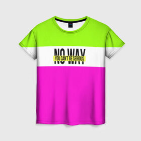 Женская футболка 3D с принтом Serious зелено-розовый в Тюмени, 100% полиэфир ( синтетическое хлопкоподобное полотно) | прямой крой, круглый вырез горловины, длина до линии бедер | Тематика изображения на принте: кислотные костюмы | кислотные цвета | неон | флуоресцентные принты