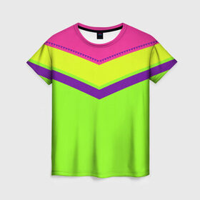 Женская футболка 3D с принтом Цветные треугольники_ салатовы в Тюмени, 100% полиэфир ( синтетическое хлопкоподобное полотно) | прямой крой, круглый вырез горловины, длина до линии бедер | Тематика изображения на принте: кислотные костюмы | кислотные цвета | неон | флуоресцентные принты