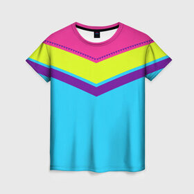 Женская футболка 3D с принтом Цветные треугольники_голубой в Тюмени, 100% полиэфир ( синтетическое хлопкоподобное полотно) | прямой крой, круглый вырез горловины, длина до линии бедер | кислотные костюмы | кислотные цвета | неон | флуоресцентные принты