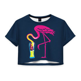 Женская футболка 3D укороченная с принтом Кислотный фламинго в Тюмени, 100% полиэстер | круглая горловина, длина футболки до линии талии, рукава с отворотами | кислотные костюмы | кислотные цвета | неон | флуоресцентные принты
