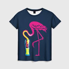 Женская футболка 3D с принтом Кислотный фламинго в Тюмени, 100% полиэфир ( синтетическое хлопкоподобное полотно) | прямой крой, круглый вырез горловины, длина до линии бедер | Тематика изображения на принте: кислотные костюмы | кислотные цвета | неон | флуоресцентные принты