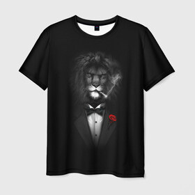Мужская футболка 3D с принтом Лев в Тюмени, 100% полиэфир | прямой крой, круглый вырез горловины, длина до линии бедер | арт | бабочка | грива | дым | животное | костюм | лев | минимализм | роза | смокинг | хищник | царь зверей