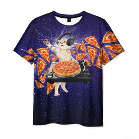 Мужская футболка 3D с принтом Пицца - Кот в Тюмени, 100% полиэфир | прямой крой, круглый вырез горловины, длина до линии бедер | Тематика изображения на принте: cat | galaxy | lightning | pizza | грозовой кошак | диджей | космос | кот | котики | котэ | кошак | метеориты | молния | пицца | прикол | приколы с котами | прикольная
