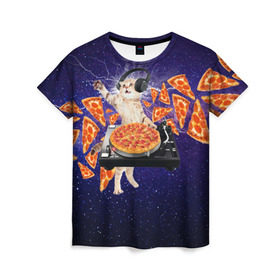 Женская футболка 3D с принтом Пицца - Кот в Тюмени, 100% полиэфир ( синтетическое хлопкоподобное полотно) | прямой крой, круглый вырез горловины, длина до линии бедер | cat | galaxy | lightning | pizza | грозовой кошак | диджей | космос | кот | котики | котэ | кошак | метеориты | молния | пицца | прикол | приколы с котами | прикольная