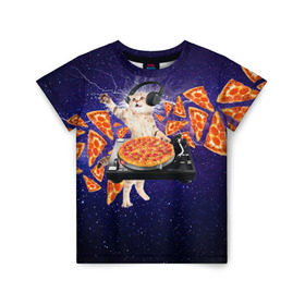 Детская футболка 3D с принтом Пицца - Кот в Тюмени, 100% гипоаллергенный полиэфир | прямой крой, круглый вырез горловины, длина до линии бедер, чуть спущенное плечо, ткань немного тянется | cat | galaxy | lightning | pizza | грозовой кошак | диджей | космос | кот | котики | котэ | кошак | метеориты | молния | пицца | прикол | приколы с котами | прикольная