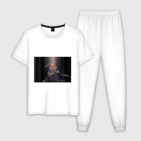 Мужская пижама хлопок с принтом Сакура - Собирательница Карт в Тюмени, 100% хлопок | брюки и футболка прямого кроя, без карманов, на брюках мягкая резинка на поясе и по низу штанин
 | 