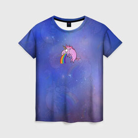 Женская футболка 3D с принтом Единорог, блюющий радугой в Тюмени, 100% полиэфир ( синтетическое хлопкоподобное полотно) | прямой крой, круглый вырез горловины, длина до линии бедер | bird born | блевать | единорог | иллюстратор | кот степан | коты | милота | радуга | тошнит