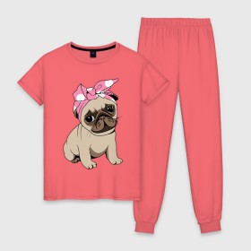 Женская пижама хлопок с принтом Собачка в Тюмени, 100% хлопок | брюки и футболка прямого кроя, без карманов, на брюках мягкая резинка на поясе и по низу штанин | dog | pug | мопс | собака