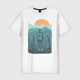 Мужская футболка хлопок Slim с принтом Adventure в Тюмени, 92% хлопок, 8% лайкра | приталенный силуэт, круглый вырез ворота, длина до линии бедра, короткий рукав | moutains | sun | turism | горы | закат | приключения | природа | тундра | туризм