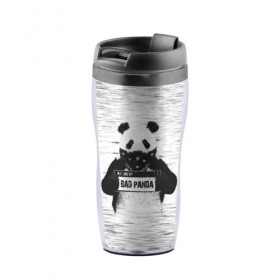 Термокружка-непроливайка с принтом BAD PANDA в Тюмени, внутренняя часть — пищевой пластик, наружная часть — прозрачный пластик, между ними — полиграфическая вставка с рисунком | объем — 350 мл, герметичная крышка | bad | bear | panda | медведь | панда