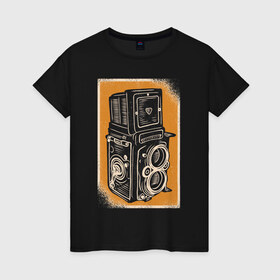 Женская футболка хлопок с принтом Rolleiflex Камера в Тюмени, 100% хлопок | прямой крой, круглый вырез горловины, длина до линии бедер, слегка спущенное плечо | ретро | фото | фотоаппарат | фотограф | фотокамера
