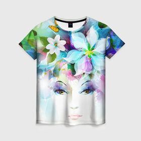 Женская футболка 3D с принтом ДЕВУШКА-ВЕСНА в Тюмени, 100% полиэфир ( синтетическое хлопкоподобное полотно) | прямой крой, круглый вырез горловины, длина до линии бедер | art | fantasy | nature | арт | природа | рисунок | фантазия | фентези