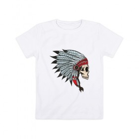 Детская футболка хлопок с принтом Череп индейца в Тюмени, 100% хлопок | круглый вырез горловины, полуприлегающий силуэт, длина до линии бедер | голова | индеец | кость | скальп | скальпель | ужасы | хоррор | череп | черепок