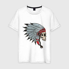 Мужская футболка хлопок с принтом Череп индейца в Тюмени, 100% хлопок | прямой крой, круглый вырез горловины, длина до линии бедер, слегка спущенное плечо. | голова | индеец | кость | скальп | скальпель | ужасы | хоррор | череп | черепок