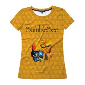Женская футболка 3D с принтом BumbleBee в Тюмени, 100% полиэфир ( синтетическое хлопкоподобное полотно) | прямой крой, круглый вырез горловины, длина до линии бедер | 2019 | bumble bee | transformers | арт | бамблби | желтая | киборг | классная | мёд | надпись | прикольная | пчела | робот | соты | трансформеры | улей | фильм