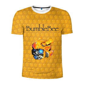 Мужская футболка 3D спортивная с принтом BumbleBee в Тюмени, 100% полиэстер с улучшенными характеристиками | приталенный силуэт, круглая горловина, широкие плечи, сужается к линии бедра | Тематика изображения на принте: 2019 | bumble bee | transformers | арт | бамблби | желтая | киборг | классная | мёд | надпись | прикольная | пчела | робот | соты | трансформеры | улей | фильм