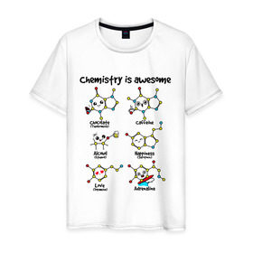 Мужская футболка хлопок с принтом Chemistry is awesome в Тюмени, 100% хлопок | прямой крой, круглый вырез горловины, длина до линии бедер, слегка спущенное плечо. | adrenaline | alcohol | caffeine | chocolate | happiness | love | адреналин | атомы | кофеин | любовь | молекулы | потрясающая. наука | связи | счастье | удивительная | химия | шоколад