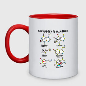Кружка двухцветная с принтом Chemistry is awesome в Тюмени, керамика | объем — 330 мл, диаметр — 80 мм. Цветная ручка и кайма сверху, в некоторых цветах — вся внутренняя часть | adrenaline | alcohol | caffeine | chocolate | happiness | love | адреналин | атомы | кофеин | любовь | молекулы | потрясающая. наука | связи | счастье | удивительная | химия | шоколад