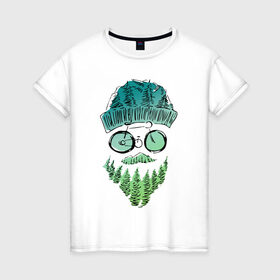 Женская футболка хлопок с принтом Mountain man в Тюмени, 100% хлопок | прямой крой, круглый вырез горловины, длина до линии бедер, слегка спущенное плечо | борода | велосипед | горы | лес | лицо | очки | путешествия | турист | усы | шапка