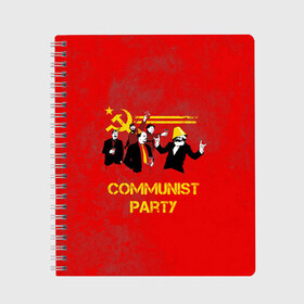 Тетрадь с принтом Communist party в Тюмени, 100% бумага | 48 листов, плотность листов — 60 г/м2, плотность картонной обложки — 250 г/м2. Листы скреплены сбоку удобной пружинной спиралью. Уголки страниц и обложки скругленные. Цвет линий — светло-серый
 | Тематика изображения на принте: вечеринка | звезда | кастро | коммунизм | коммунист | коммунистическая | ленин | мао | маркс | молот | партия | рауль | серп | сталин | тусовка | ульянов | фидель | цзиньпин | цзэдун | энгельс