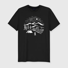 Мужская футболка премиум с принтом Поход в Тюмени, 92% хлопок, 8% лайкра | приталенный силуэт, круглый вырез ворота, длина до линии бедра, короткий рукав | горы | костёр | лес | озеро | палатка | приключения | природа | путешествие | речка | солнце | турист