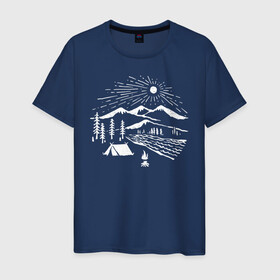 Мужская футболка хлопок с принтом Поход в Тюмени, 100% хлопок | прямой крой, круглый вырез горловины, длина до линии бедер, слегка спущенное плечо. | горы | костёр | лес | озеро | палатка | приключения | природа | путешествие | речка | солнце | турист