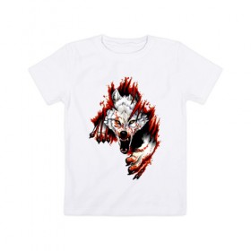 Детская футболка хлопок с принтом Волк из груди в Тюмени, 100% хлопок | круглый вырез горловины, полуприлегающий силуэт, длина до линии бедер | Тематика изображения на принте: волчок | зверь | клыки | когти | кровь | оскал | плоть | хищник