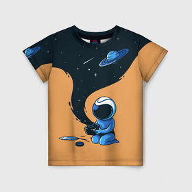 Детская футболка 3D с принтом Космонавт и чернила в Тюмени, 100% гипоаллергенный полиэфир | прямой крой, круглый вырез горловины, длина до линии бедер, чуть спущенное плечо, ткань немного тянется | nasa | астронавт | астрономия | вселенная | звёзды | комета | космос | перо | планеты | скафандр | чернильница