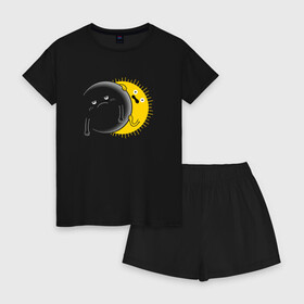 Женская пижама с шортиками хлопок с принтом Солнечное Затмение в Тюмени, 100% хлопок | футболка прямого кроя, шорты свободные с широкой мягкой резинкой | звезды | космос | луна | планета | солнце