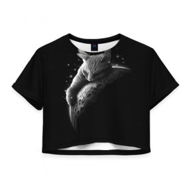 Женская футболка 3D укороченная с принтом Спящий Кот на Луне в Тюмени, 100% полиэстер | круглая горловина, длина футболки до линии талии, рукава с отворотами | вселенная | звезды | космос | котейка | котенок | котэ | котя | лапочка | луна | милый | мимими | ночь | прелесть | сон | спутник