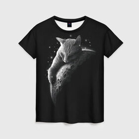 Женская футболка 3D с принтом Спящий Кот на Луне в Тюмени, 100% полиэфир ( синтетическое хлопкоподобное полотно) | прямой крой, круглый вырез горловины, длина до линии бедер | Тематика изображения на принте: вселенная | звезды | космос | котейка | котенок | котэ | котя | лапочка | луна | милый | мимими | ночь | прелесть | сон | спутник