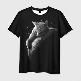 Мужская футболка 3D с принтом Спящий Кот на Луне в Тюмени, 100% полиэфир | прямой крой, круглый вырез горловины, длина до линии бедер | Тематика изображения на принте: вселенная | звезды | космос | котейка | котенок | котэ | котя | лапочка | луна | милый | мимими | ночь | прелесть | сон | спутник