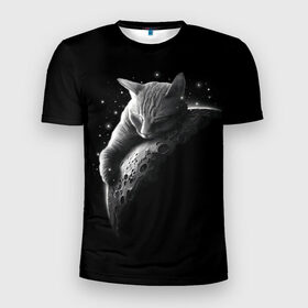 Мужская футболка 3D спортивная с принтом Спящий Кот на Луне в Тюмени, 100% полиэстер с улучшенными характеристиками | приталенный силуэт, круглая горловина, широкие плечи, сужается к линии бедра | вселенная | звезды | космос | котейка | котенок | котэ | котя | лапочка | луна | милый | мимими | ночь | прелесть | сон | спутник