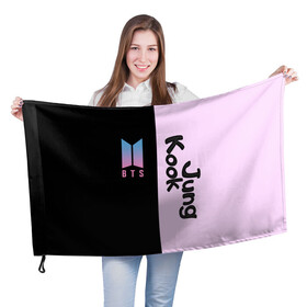 Флаг 3D с принтом BTS Jung Kook в Тюмени, 100% полиэстер | плотность ткани — 95 г/м2, размер — 67 х 109 см. Принт наносится с одной стороны | bts | jung kook | бтс | группа | корейская | музыка | розовый | цветы | черный