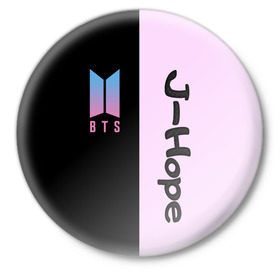 Значок с принтом BTS J-hope в Тюмени,  металл | круглая форма, металлическая застежка в виде булавки | Тематика изображения на принте: bts | j hope | бтс | группа | корейская | музыка | розовый | цветы | черный