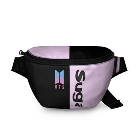 Поясная сумка 3D с принтом BTS Suga в Тюмени, 100% полиэстер | плотная ткань, ремень с регулируемой длиной, внутри несколько карманов для мелочей, основное отделение и карман с обратной стороны сумки застегиваются на молнию | bts | suga | бтс | группа | корейская | музыка | розовый | цветы | черный