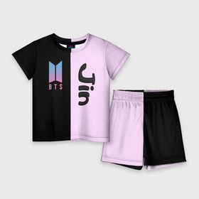 Детский костюм с шортами 3D с принтом BTS Jin в Тюмени,  |  | bts | jin | бтс | группа | корейская | музыка | розовый | цветы | черный