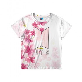 Детская футболка 3D с принтом BTS в Тюмени, 100% гипоаллергенный полиэфир | прямой крой, круглый вырез горловины, длина до линии бедер, чуть спущенное плечо, ткань немного тянется | bts | бтс | группа | корейская | музыка | розовый | цветы