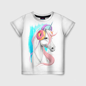 Детская футболка 3D с принтом Music Unicorn Art в Тюмени, 100% гипоаллергенный полиэфир | прямой крой, круглый вырез горловины, длина до линии бедер, чуть спущенное плечо, ткань немного тянется | волшебный | единорог | единорожик | единорожка | магия | музыка | пончик | пончики
