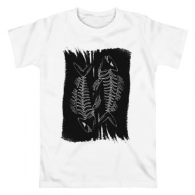 Мужская футболка хлопок с принтом Рыба Скелет в Тюмени, 100% хлопок | прямой крой, круглый вырез горловины, длина до линии бедер, слегка спущенное плечо. | кости | рыба | рыбак | рыбалка | скелет