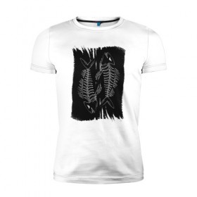 Мужская футболка премиум с принтом Рыба Скелет в Тюмени, 92% хлопок, 8% лайкра | приталенный силуэт, круглый вырез ворота, длина до линии бедра, короткий рукав | кости | рыба | рыбак | рыбалка | скелет